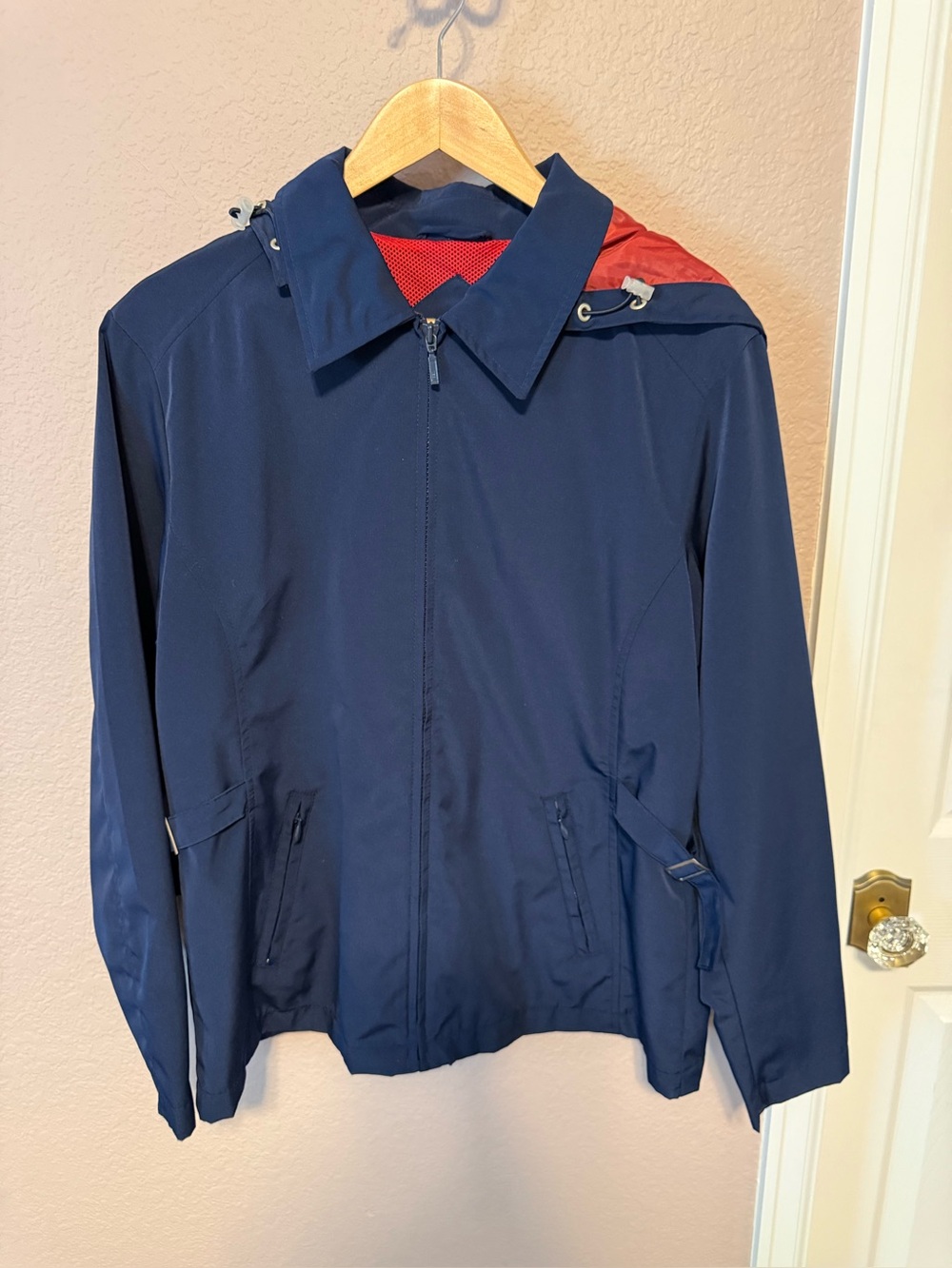 Port Authority Navy Windbreaker with Red Hood Lining
